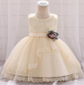 Festkleid Taufkleid Champagner, Taillenband mit Blütendeko