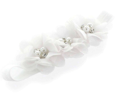 Elegantes weisses Blütenhaarband für Babys - 3 Chiffonblüten mit Perlen/Glitzer