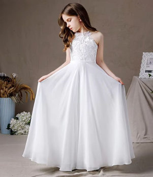 Langes weisses Mädchenkleid für Kommunion, Hochzeit etc. Neckholder mit Spitzen und Chiffon