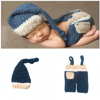 Zwergli Set mit Hosenträgern, gestrickt, blau-beige-weiss