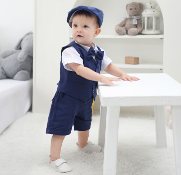 Pinkvanille Kollektion: Dunkelblaues elegantes Anzug-Set für Baby Boys, 5-teilig - optional mit Weste. Sommerset, kurzärmlig und Shorts!