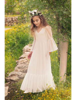 Ein zauberhafter Traum in softem Weiss: Festkleid für Hochzeiten, Kommunion und Sommerfeste, zart gepunktete Chiffon-Ärmel