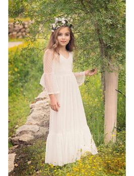 Ein zauberhafter Traum in softem Weiss: Festkleid für Hochzeiten, Kommunion und Sommerfeste, zart gepunktete Chiffon-Ärmel