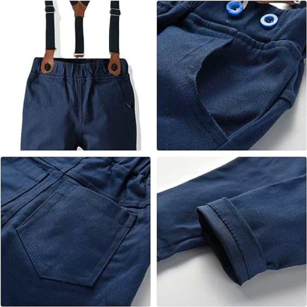 Auftritt mit Chic: Set mit dunkelnavy Chino Hosen, weissem Hemd, Fliege und Hosenträger