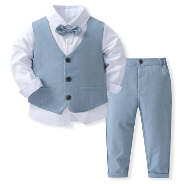 Total chic: Anzug-Set taubenblau mit Weste, Hemd, Fliege und Hose