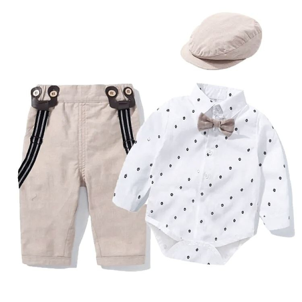 Festliches Set im schönen Leinen-Look, beige-weiss. Mit Hosenträgern, Fliege und Beret