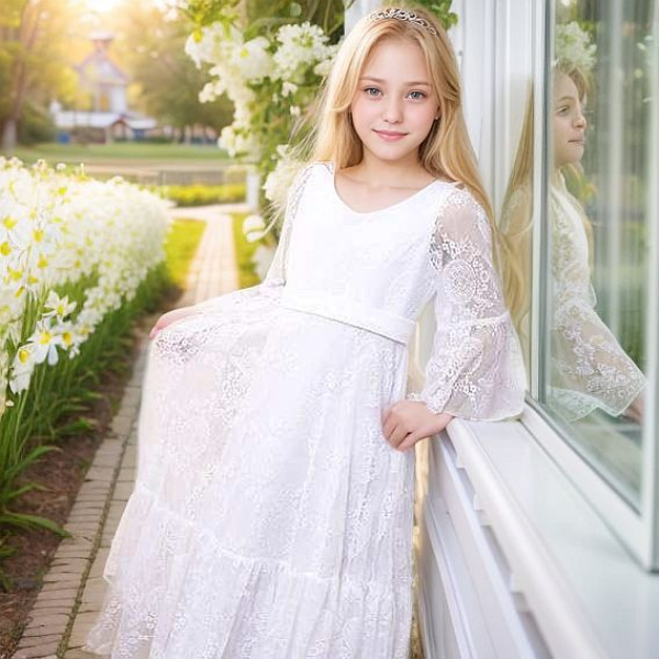 Festkleid für Mädchen softweiss mit romantischen Ärmeln - toller Vintage-Look mit Chiffon und Spitzen