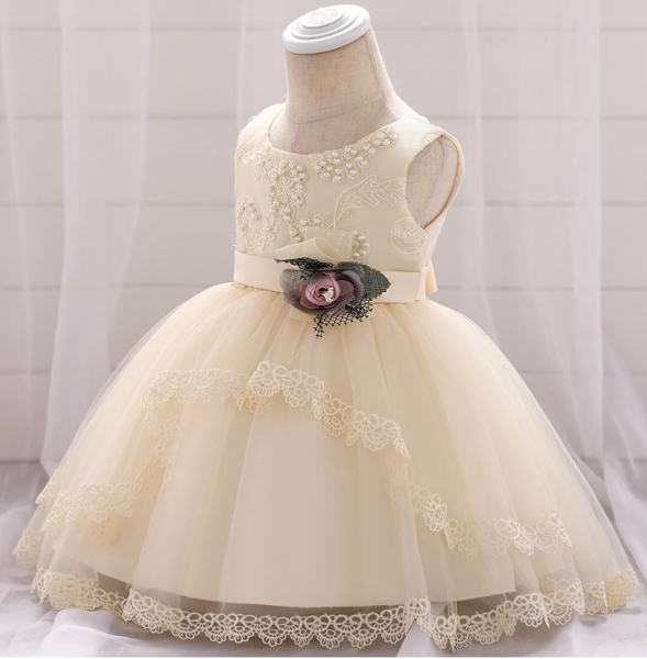 Festkleid Taufkleid Champagner, Taillenband mit Blütendeko