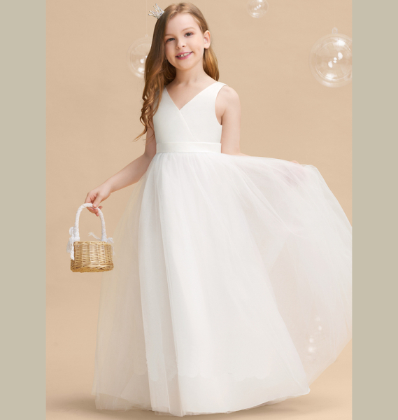 3 Farben - total elegant - wunderschönes langes Satin-Festkleid mit Schleife für kleine und grosse Mädchen