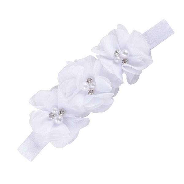 Elegantes weisses Blütenhaarband für Babys - 3 Chiffonblüten mit Perlen/Glitzer