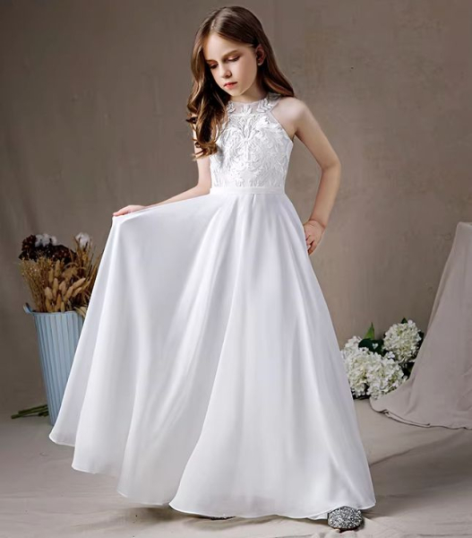 Langes weisses Mädchenkleid für Kommunion, Hochzeit etc. Neckholder mit Spitzen und Chiffon