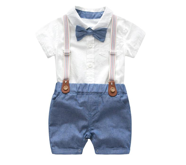 Sommer-Set für kleine Jungs, stahlblau-weiss, im Leinen-Look, kurze Hosen