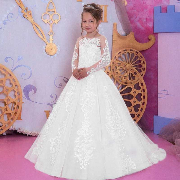 Traumkleid für Mädchen, reinweiss, Oberteil und Ärmel mit wunderschönen Spitzen