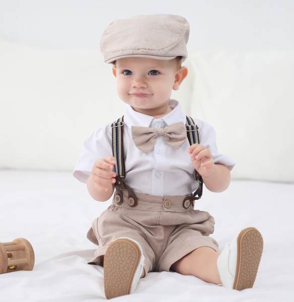 Pinkvanille Kollektion: Hellbraunes elegantes Anzug-Set für Baby Boys, 5-teilig - optional mit Weste. Sommerset, kurzärmlig und Shorts!