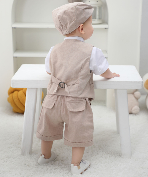 Pinkvanille Kollektion: Hellbraunes elegantes Anzug-Set für Baby Boys, 5-teilig - optional mit Weste. Sommerset, kurzärmlig und Shorts!