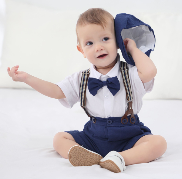 Pinkvanille Kollektion: Dunkelblaues elegantes Anzug-Set für Baby Boys, 5-teilig - optional mit Weste. Sommerset, kurzärmlig und Shorts!