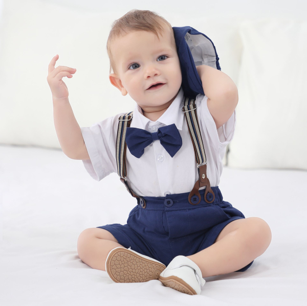 Pinkvanille Kollektion: Dunkelblaues elegantes Anzug-Set für Baby Boys, 5-teilig - optional mit Weste. Sommerset, kurzärmlig und Shorts!