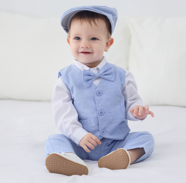 Pinkvanille Kollektion: Hellblaues elegantes Anzug-Set für Baby Boys, 5-teilig - optional mit Weste